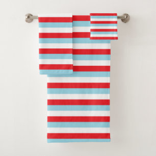 Red, Pastel Blue and White Stripes Bath Towel Set