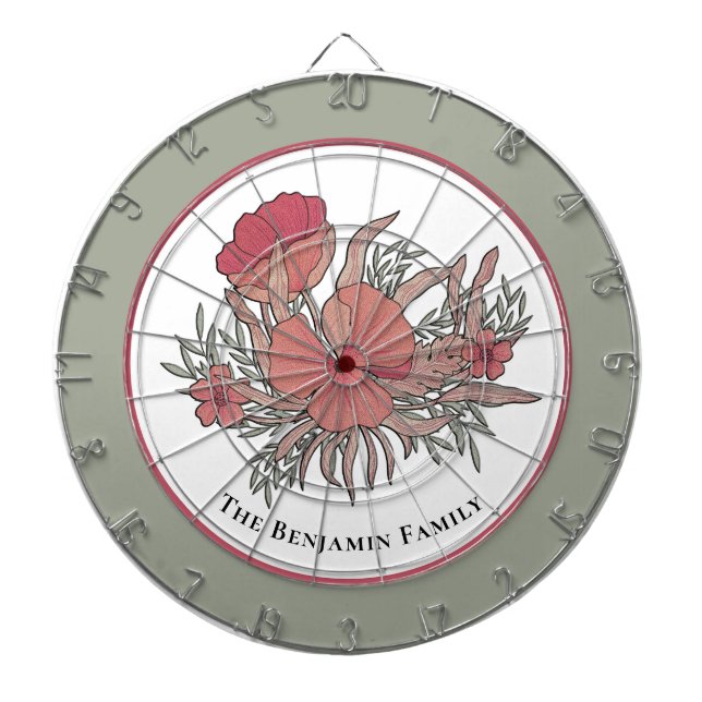 Red Pastel Flowers Floral Family Personalize Dartboard (Front)
