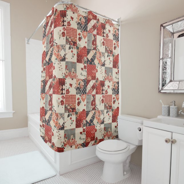 Red Patchwork Quilt Rustic Floral Retro  (In Situ)