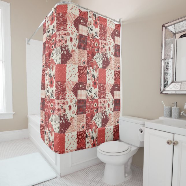 Red Patchwork Quilt Rustic Floral Retro  (In Situ)