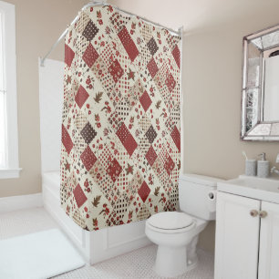 Red Patchwork Quilt Rustic Floral Retro 