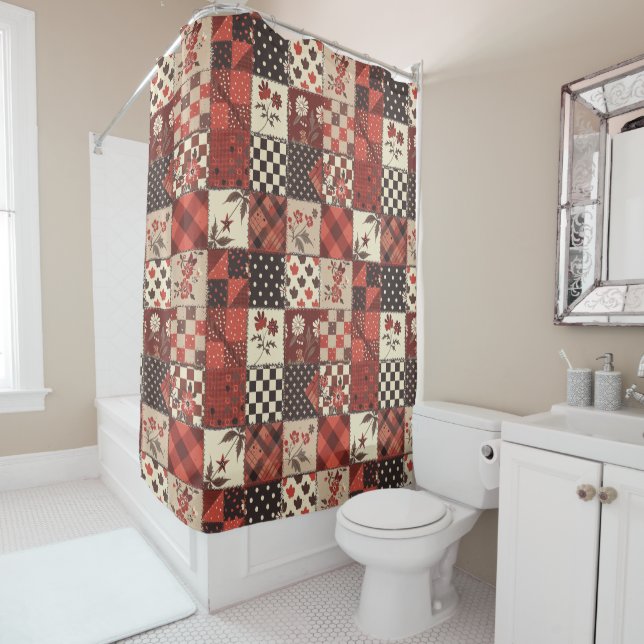 Red Patchwork Quilt Rustic Floral Retro  (In Situ)