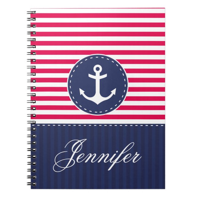 Red Pattern Blue Anchor Personalized Name Notebook (Front)