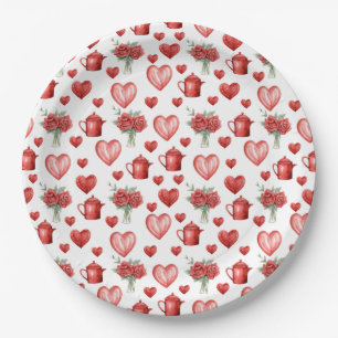 red pattern with hearts for valentine's day paper plate