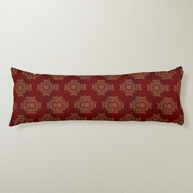 Red Patterned Enhanced with Golden Ornate images Body Pillow (Front)