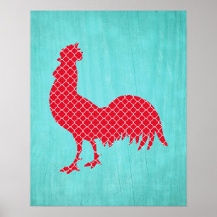 Red Patterned Rooster Silhouette Poster