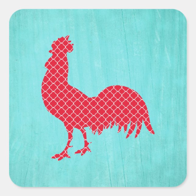 Red Patterned Rooster Silhouette Square Sticker (Front)