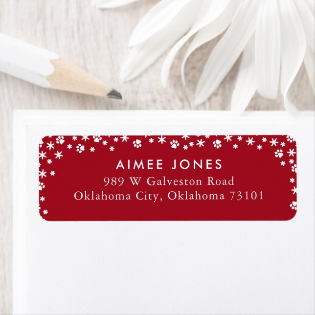 Red Paw Prints and Snowflakes Return Address (Insitu)