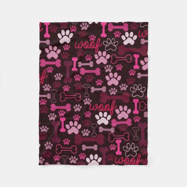 Red Paw Prints & Bones Fleece Blanket (Front)