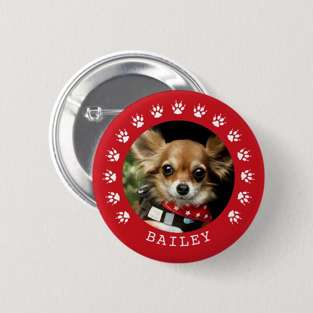 Red Paw Prints Frame Pet Photo 2 Inch Round Button (Front & Back)