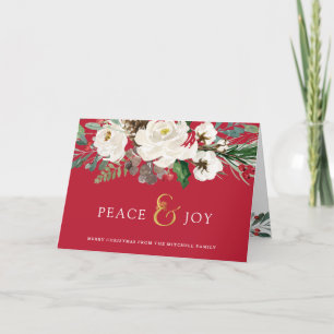 Red Peace and Joy Floral Merry Christmas Holiday Card
