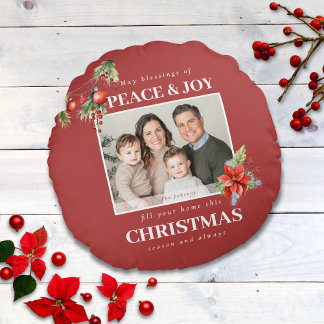 Red Peace and Joy Photo Christmas Round Pillow