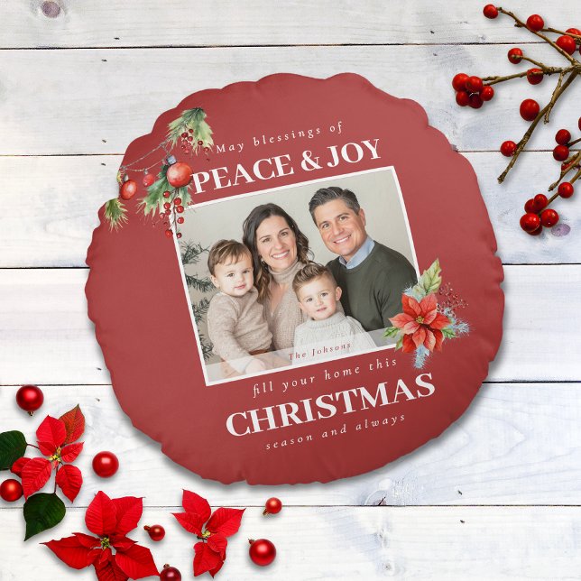 Red Peace and Joy Photo Christmas Round Pillow (Creator Uploaded)
