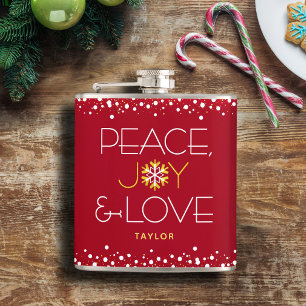 Red Peace Joy Love Christmas Bold Modern Snowflake Hip Flask