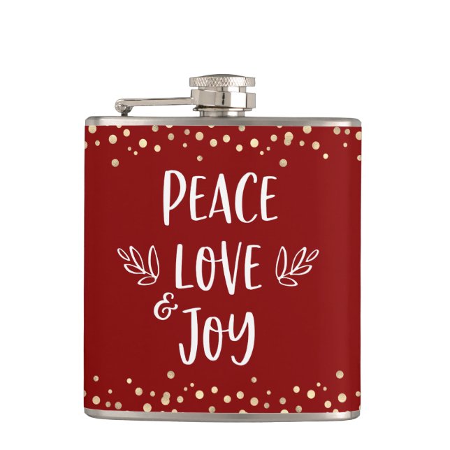 Red Peace Love Joy Modern Typography Gold Confetti Hip Flask (Front)