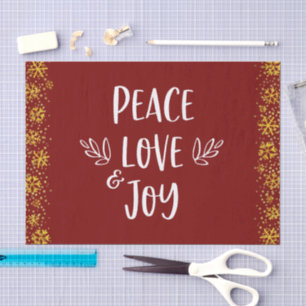 Red Peace Love Joy Quote Typography Gold Snowflake Tissue Paper