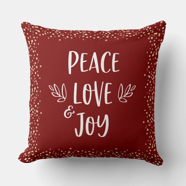 Red Peace Love Joy Script Gold Foil Dots Modern  Throw Pillow (Front)