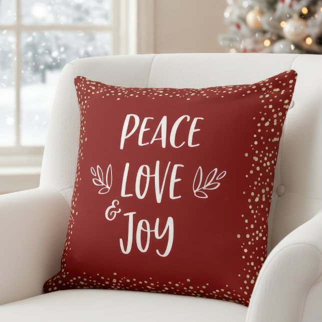 Red Peace Love Joy Script Gold Foil Dots Modern  Throw Pillow (Creator Uploaded)