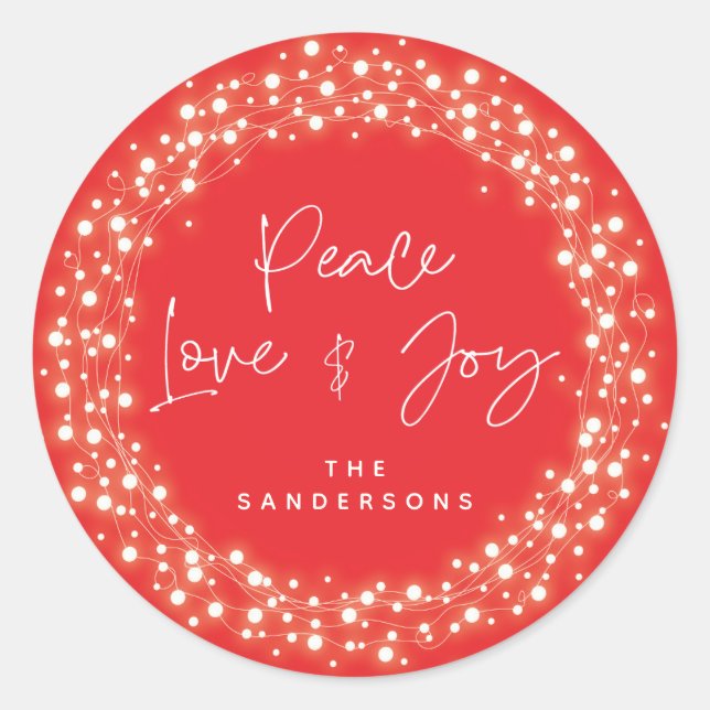 Red Peace Love+Joy Sparkling Lights Christmas Classic Round Sticker (Front)