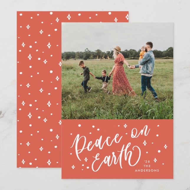Red Peace on Earth Lettering Christmas Photo Holiday Card (Front/Back)