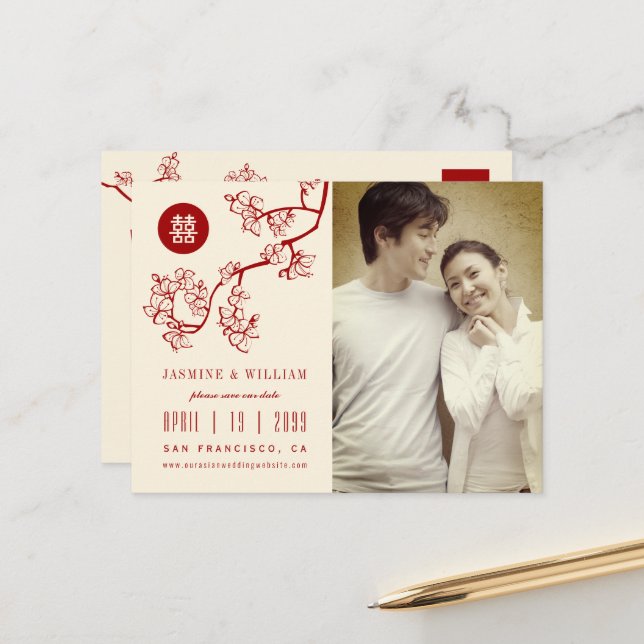 Red Peach Blossoms Chinese Double Happiness Photo  Announcement Postcard (Front/Back In Situ)