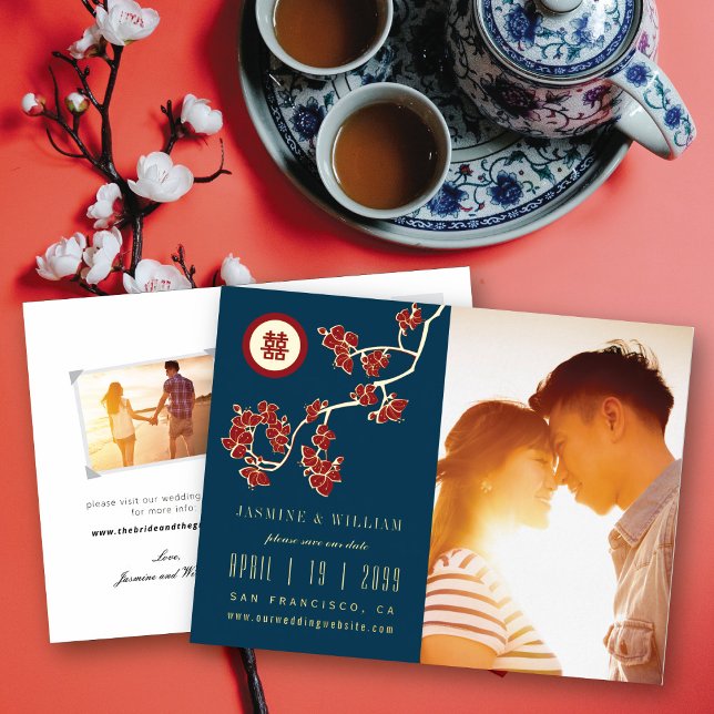 Red Peach Blossoms Double Xi Photo Save The Date Foil Invitation Postcard (Real Foil Red/Navy Blue Peach Blossoms Double Happiness Photo Save The Date Announcement Postcard )
