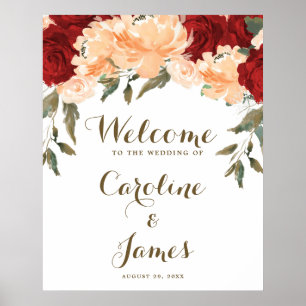 Red peach florals wedding welcome reception sign