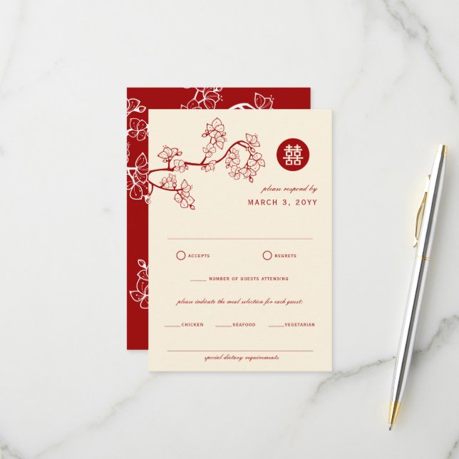 Red Peach/Plum Blossom Flowers Chic Asian Wedding RSVP Card (Front/Back In Situ)