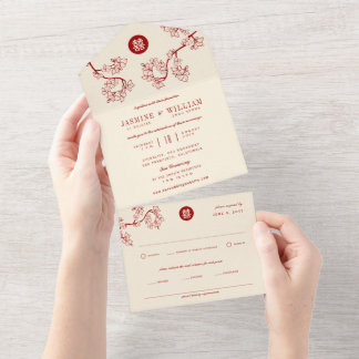Red Peach/Plum Blossoms Chinese Double Happiness All In One Invitation