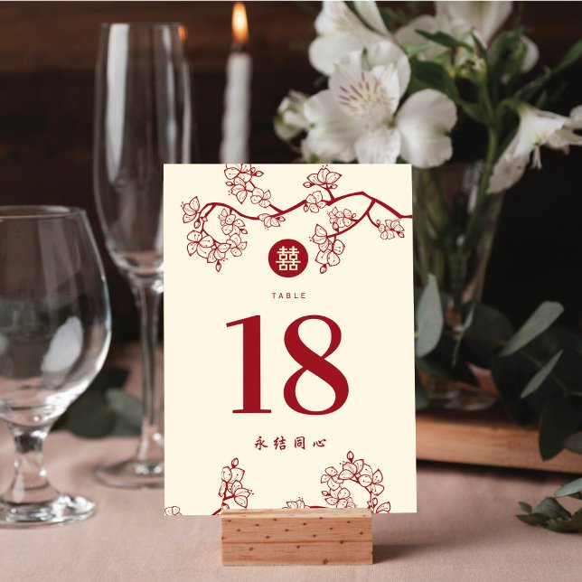 Red Peach/Plum Blossoms Double Happiness 囍 Wedding Table Number (Creator Uploaded)