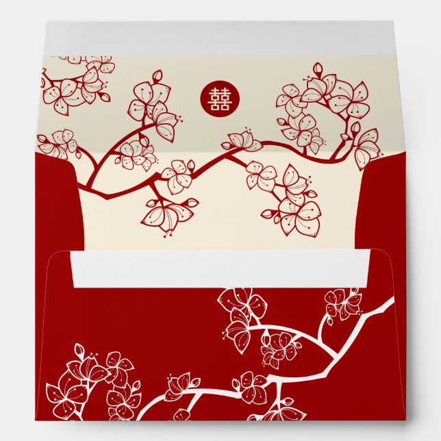 Red Peach/Plum Blossoms Double Happiness Wedding Envelope (Back (Bottom))
