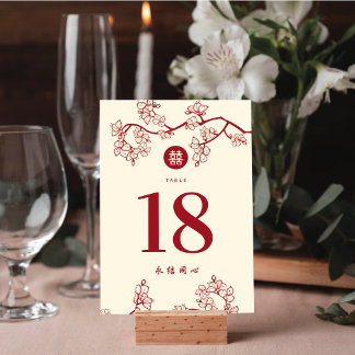 Red Peach/Plum Blossoms Double Happiness Wedding Table Number