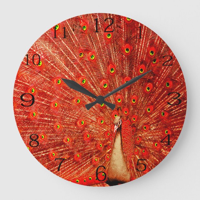 Red Peacock Displaying His Red Feathers,   Large Clock (Front)