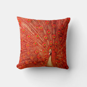 Red Peacock Displaying His Red Feathers,   Throw Pillow