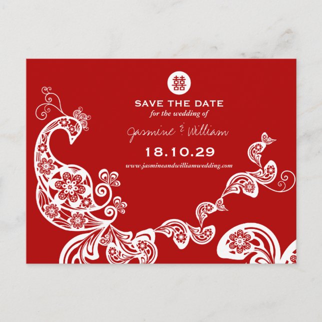 Red Peacock Double Happiness Chinese Save The Date Announcement Postcard (Front)