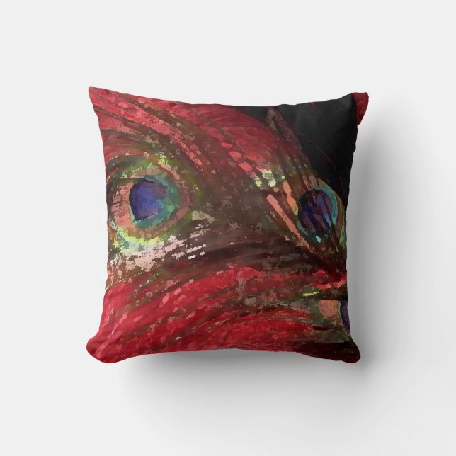 RED PEACOCK FEATHERS BY LIZ LOZ THROW PILLOW (Front)