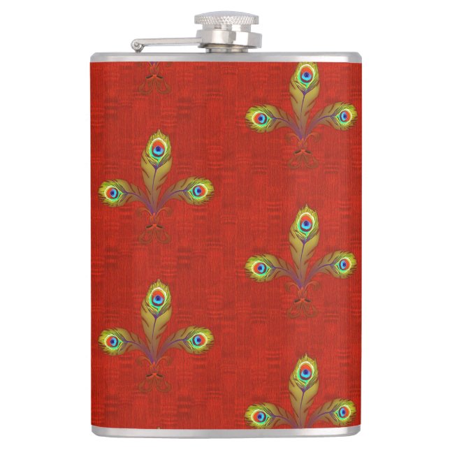 Red Peacock Fleur de Lis Hip Flask (Front)