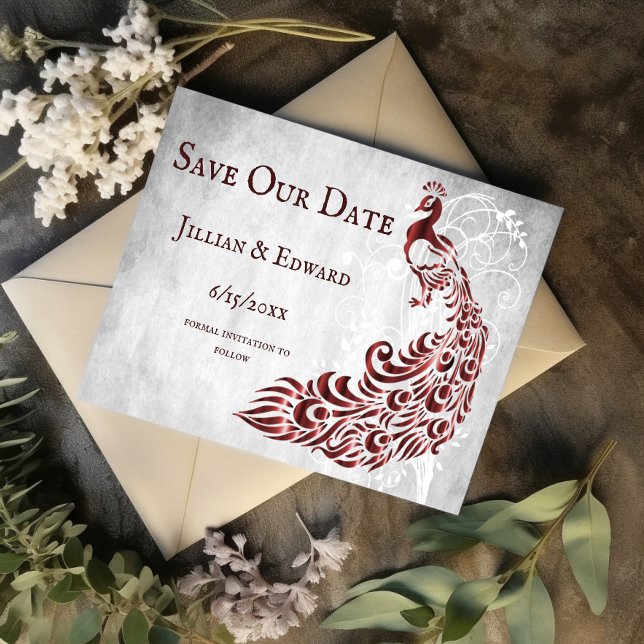Red Peacock Leaf Vine Save The Date Announcement (Red Peacock Leaf Vine Save the Date)