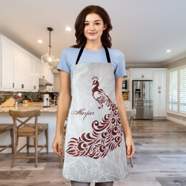 Red Peacock Personalize Print Apron (Red Peacock Personalized Apron)