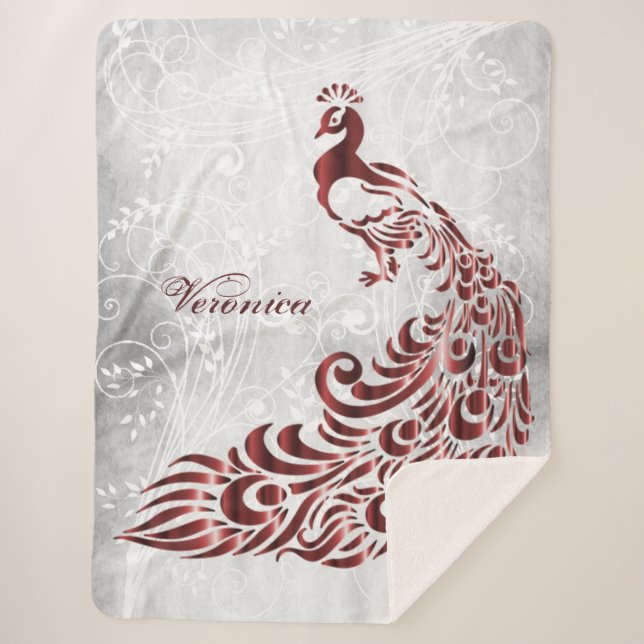 Red Peacock Personalized Sherpa Blanket (Front)