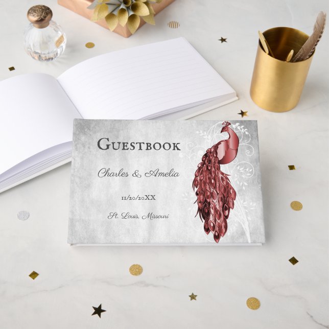 Red Peacock Wedding Guest Book (Front Open)