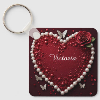 Red Pearl Heart With Roses For Valentine Decor ❤️ Keychain