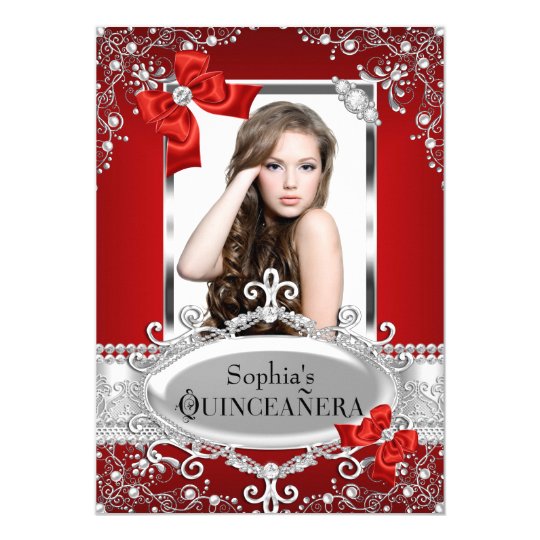Red Pearl & Silk Bow Glamour Quinceanera Card