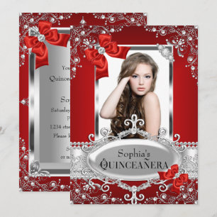 Red Pearl & Silk Bow Glamour Quinceanera Invitation