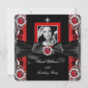 Red Pearls Birthday Party Black Silver Photo 2 Invitation