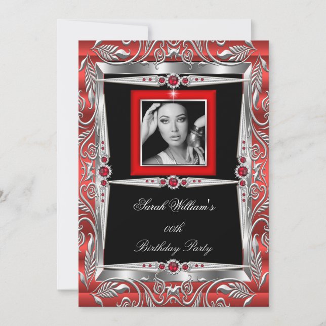 Red Pearls Birthday Party Black Silver Photo B Invitation (Front)