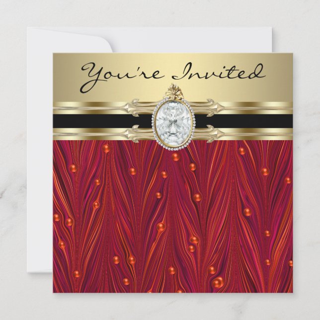 Red Pearls Black Gold Womans Birthday Party Invitation (Front)