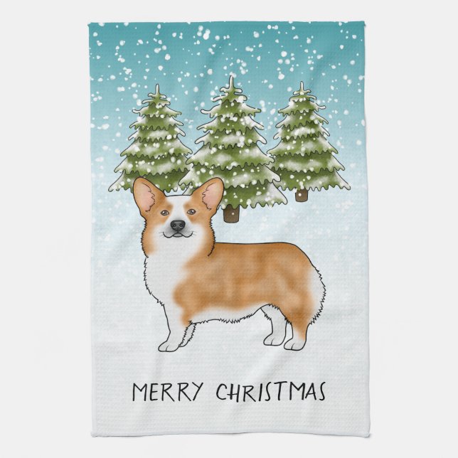 Red Pembroke Welsh Corgi Blue Winter Christmas Kitchen Towel (Vertical)