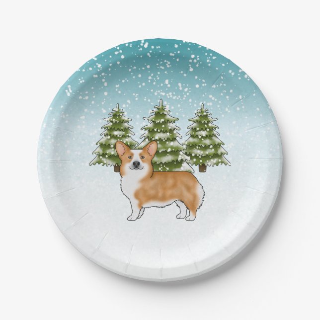Red Pembroke Welsh Corgi Blue Winter Christmas Paper Plate (Front)