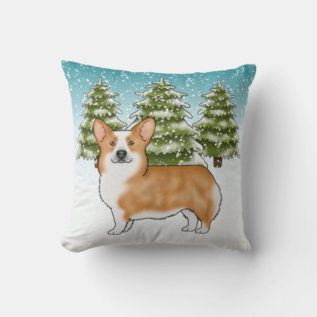Red Pembroke Welsh Corgi Blue Winter Christmas Throw Pillow (Front)